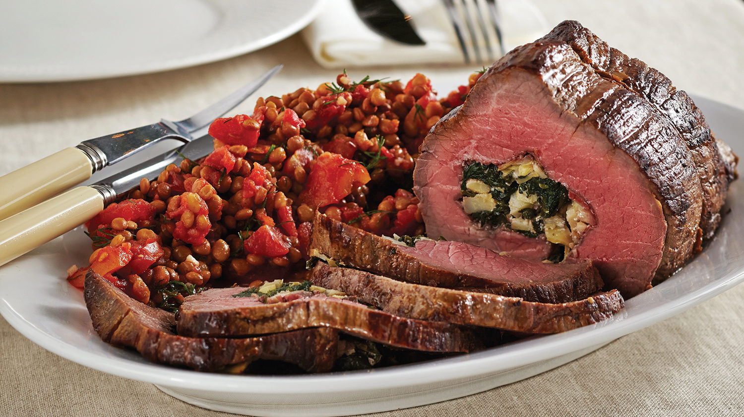 Artichoke-Stuffed Beef Roast with Stewed Lentils – West IGA