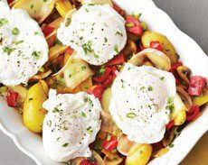 Poached eggs with fingerling potatoes red pepper salami saute