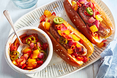 Hot Pepper BBQ Topper on Hot Dogs