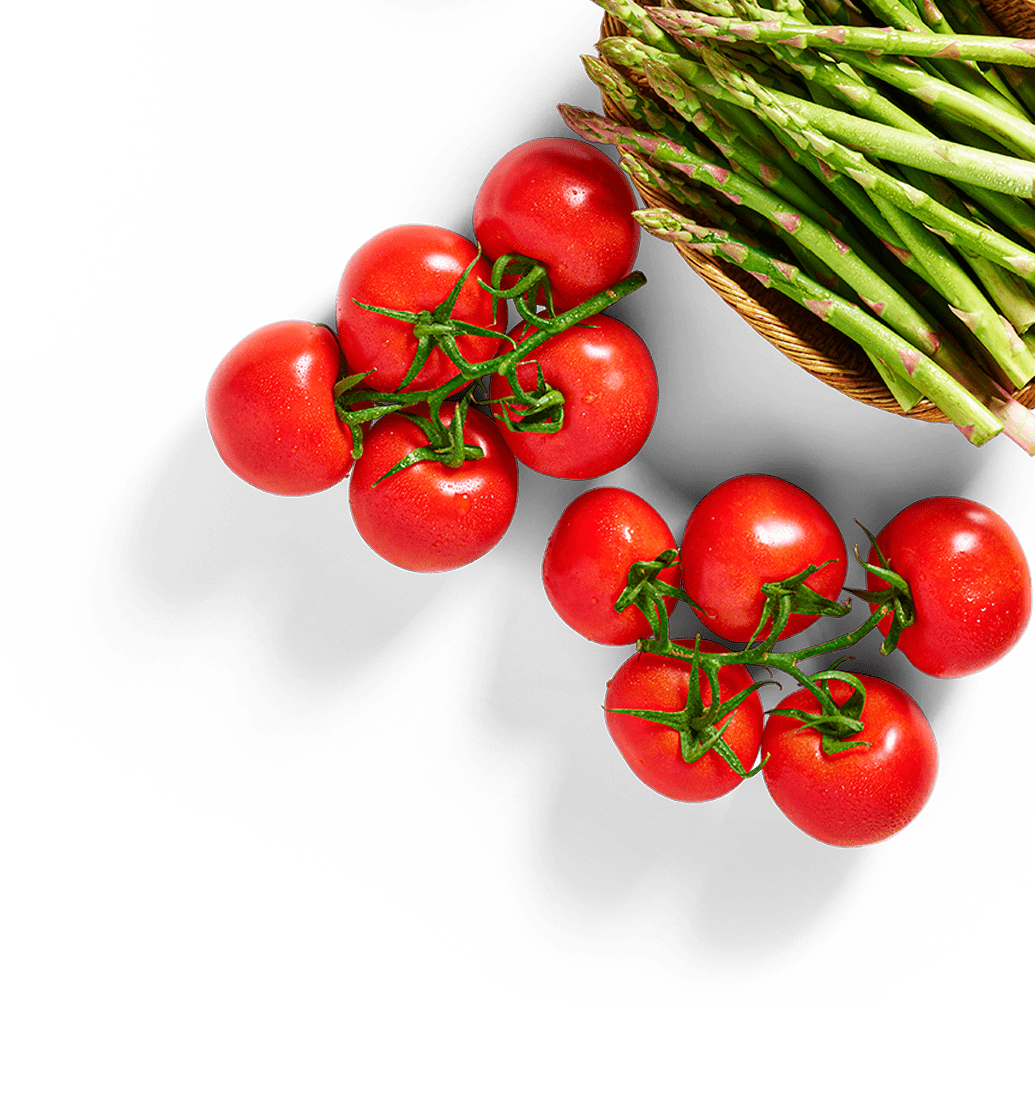 Tomatoes on the Vine with a Basket of Asparagus