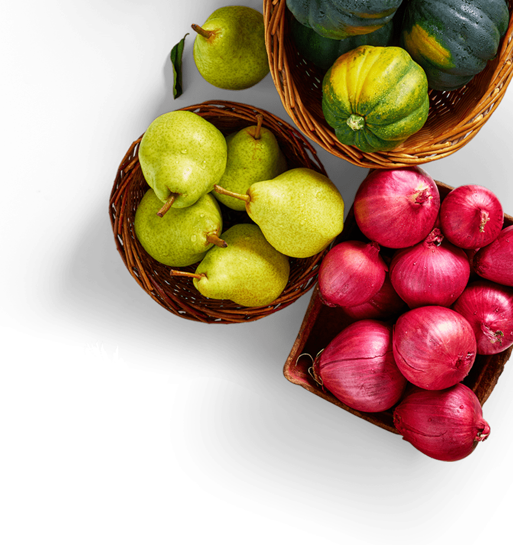 Baskets of pears, squash and red onions