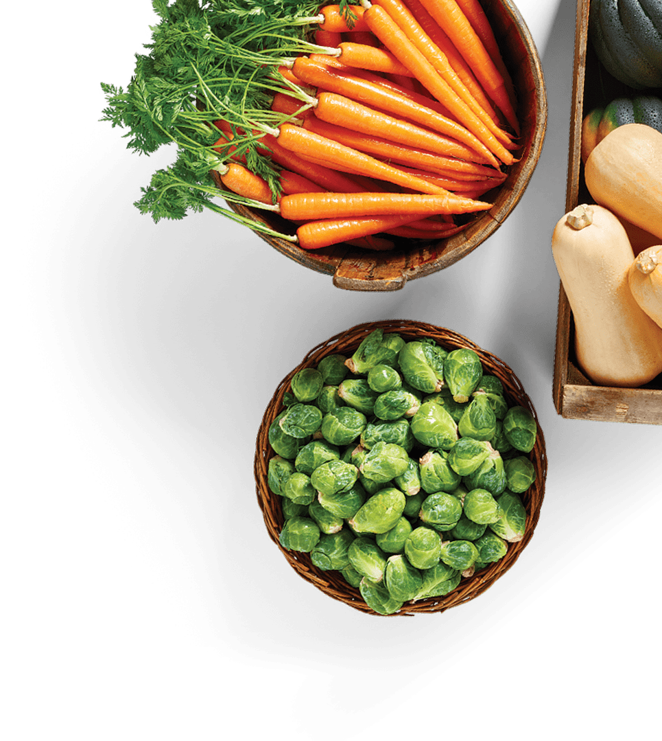 Baskets of Brussels Sprouts, Carrots and Box of Butternut Squash