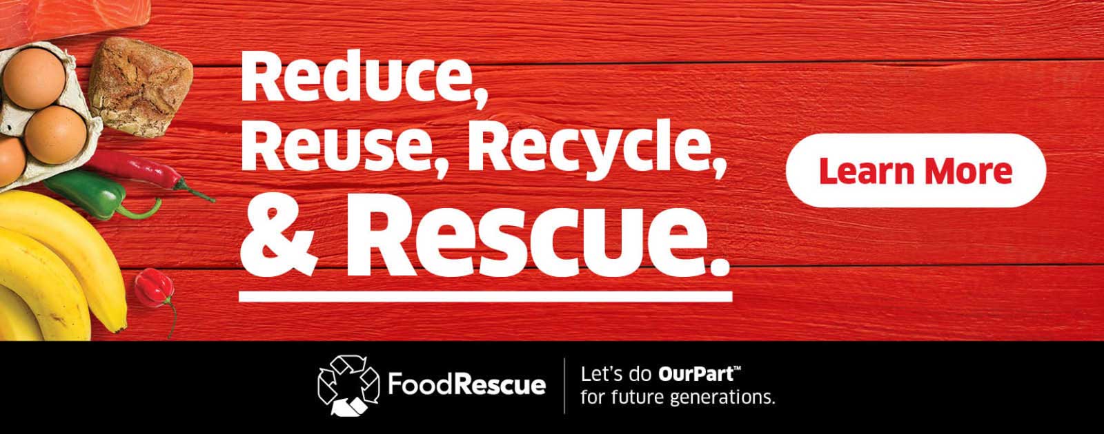 Text reading 'Let's do OUR PART for future generations. Know more about how to Reduce, Reuse, Recycle and Rescue from the 'Learn More' button given on the right side.'