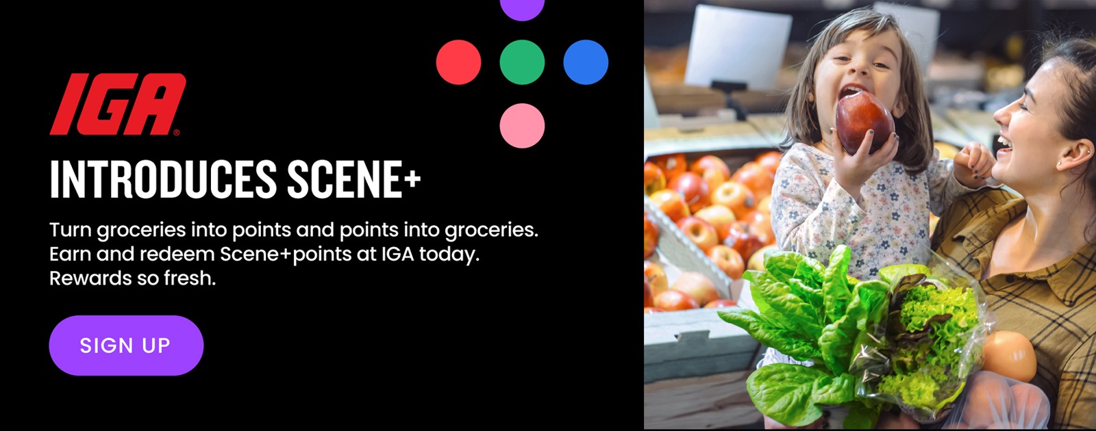 Text Reading 'IGA introduces Scene+. Turn groceries into points and points into groceries. Earn and redeem Scene+ points at IGA today. Rewards so fresh. Click on "Sign Up" button to get started.'