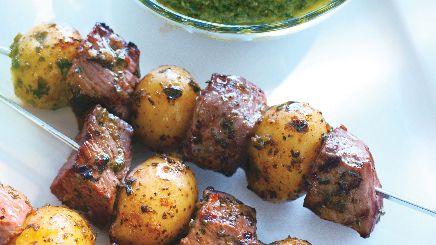 Peruvian-Beef & Potato Kabobs with Mint Chimichurri – West IGA