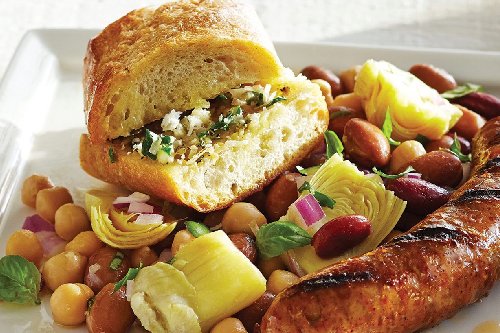 Grilled Sausage with Garlic Bread & Quick Bean Salad