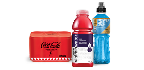 This image contains three products: Mini Coca-Cola cans, glucose vitamin water bottles, and Power Ade bottles.