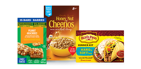 This image contains three products in boxes: Peanut Arachides, Honey-Nut Cheerios, and Old El Paso dinner kit.