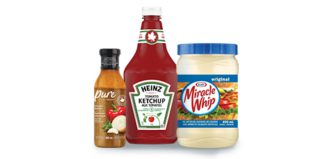 This image contains three kraft products in boxes: Pure, Heinz Tomato Ketchup, and Miracle Whip.