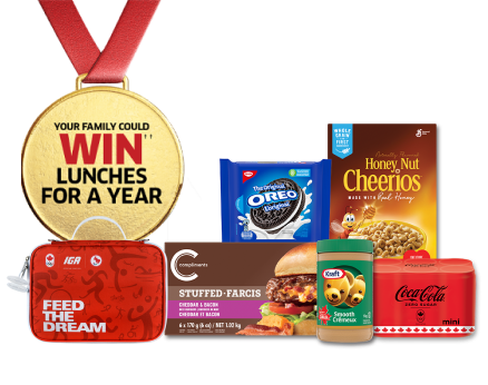 The following image contains the text: "Your family could win lunches for a year with these products from Foodland: Oreo Biscuits, Honey Nut Cheerios, Stuffed Farcis, Kraft Smooth Cream, mini Coca-Cola cans, and Feed the Dream bag."