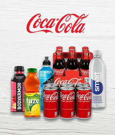 Assorted beverages displayed side by side, with Coca-Cola logo.