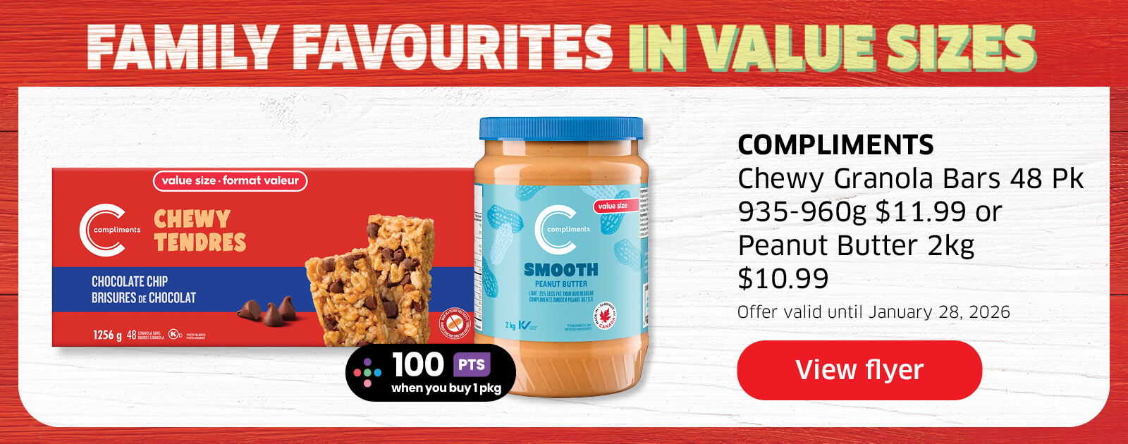 Weekly digital flyer deals on compliments value sizes products.