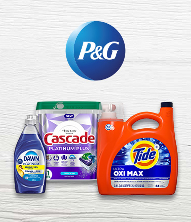 Assorted products arranged together, with P&G logo.