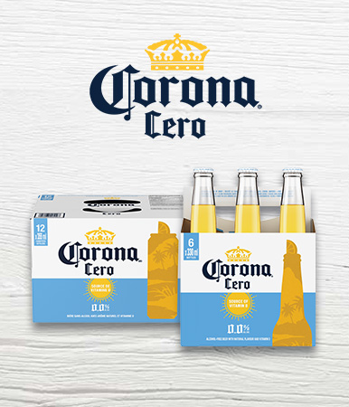 Assorted products arranged together, with Corona Cero logo.